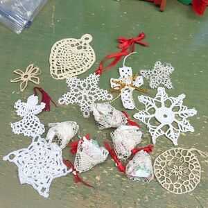 Hand crocheted 13pc. set of bells & snowflakes, ornaments more